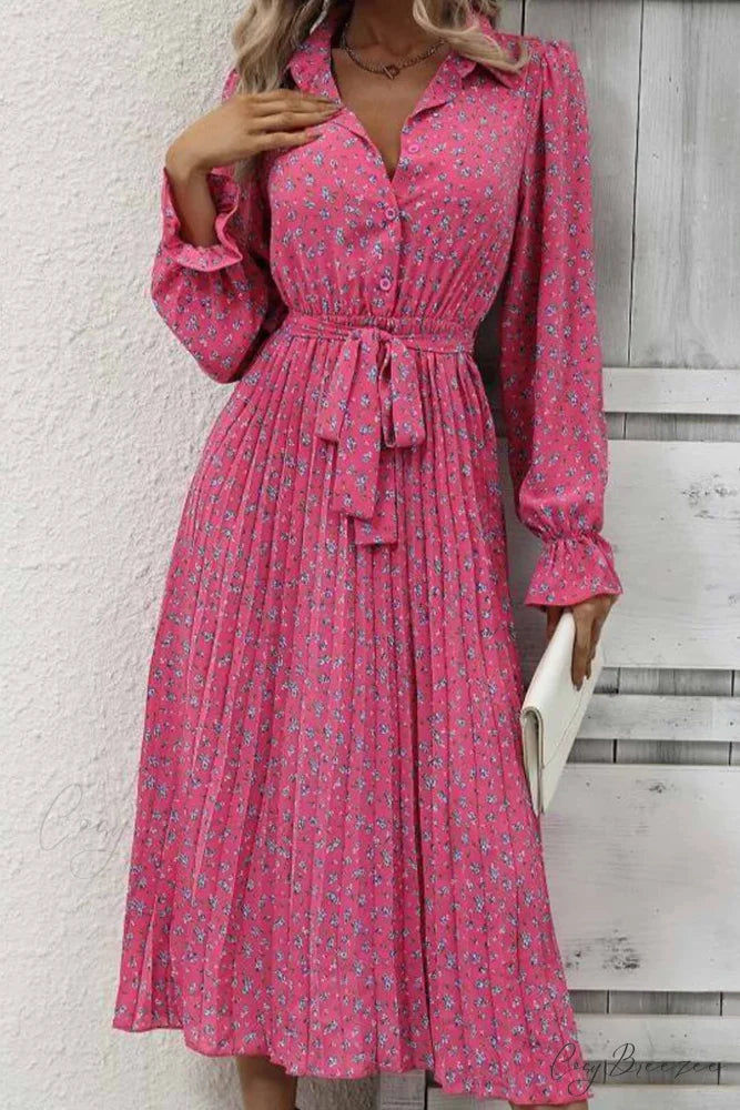 Floral Tie Waist Long Sleeve Pleated Midi Dress Rose / M