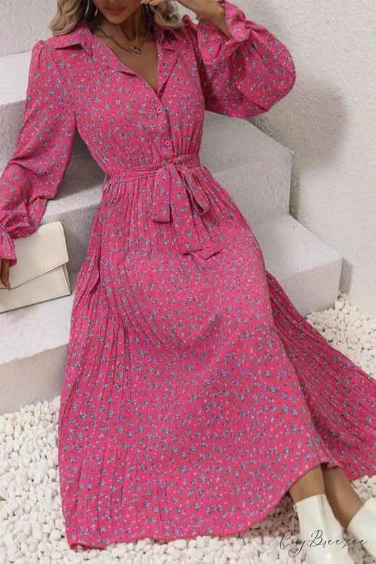 Floral Tie Waist Long Sleeve Pleated Midi Dress Rose / S