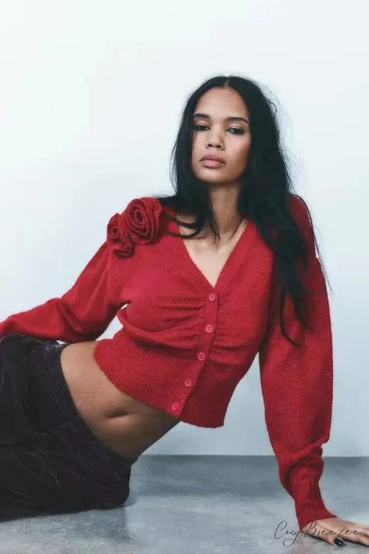 Floral V-neck Informal Cardigan Red / S cardigans-241228