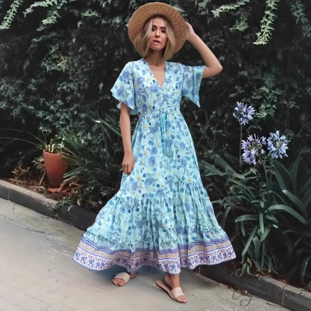 Floral V-neck Rayon Beach Boho Dress Green / S bohodress-250126