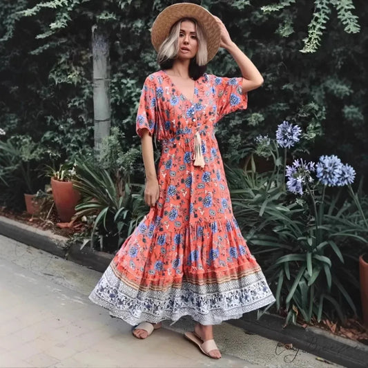 Floral V-neck Rayon Beach Boho Dress Pink / S bohodress-250126