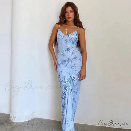 Floral V-neck Slim-fit Maxi Dress Blue / XS floraldress-250126