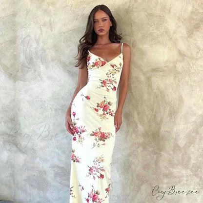 Floral V-neck Slim-fit Maxi Dress Pink / XS floraldress-250126
