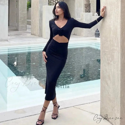 Florale Cut Out Long for Women Long Sleeve Sexy Sexy Midi Dress