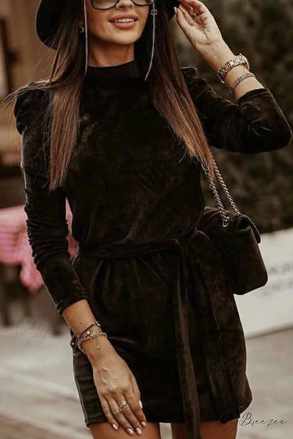 Florcoo Irregular Solid Trendy Collar Mini Dress S / Black