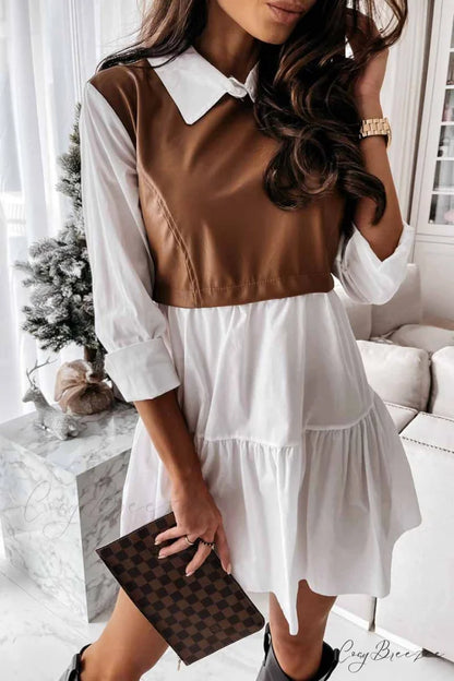 Florcoo Lapel Striped Trendy Pockets Mini Dress S / Khaki