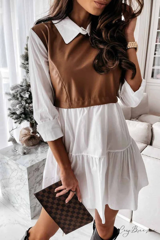 Florcoo Lapel Striped Trendy Pockets Mini Dress S / Khaki