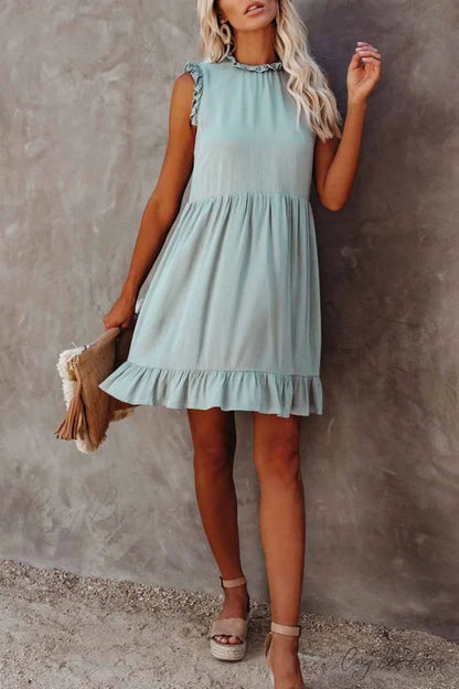 Florcoo Loose Solid Color Modern Short Sleeve V-Neck Mini Dress S / Light Blue