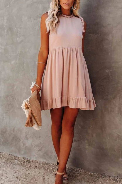 Florcoo Loose Solid Color Modern Short Sleeve V-Neck Mini Dress S / Pink