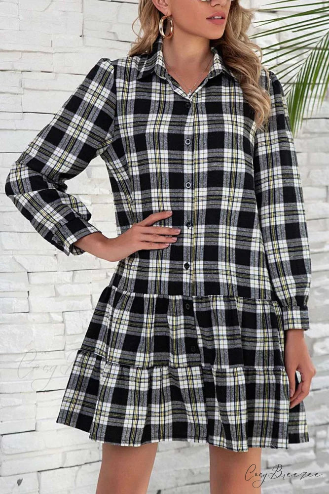 Florcoo Solid Color Trendy Ruffled Waist Mini Dress Black / S