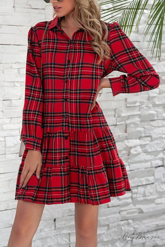 Florcoo Solid Color Trendy Ruffled Waist Mini Dress Red / S