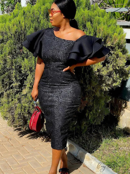 Flounce Fold Oblique Trendy Collar Pencil Dress Black / S