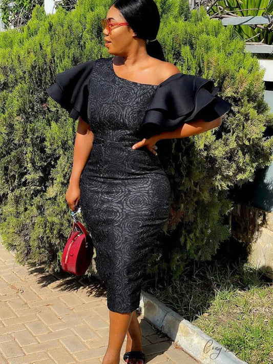 Flounce Fold Oblique Trendy Collar Pencil Dress Black / S