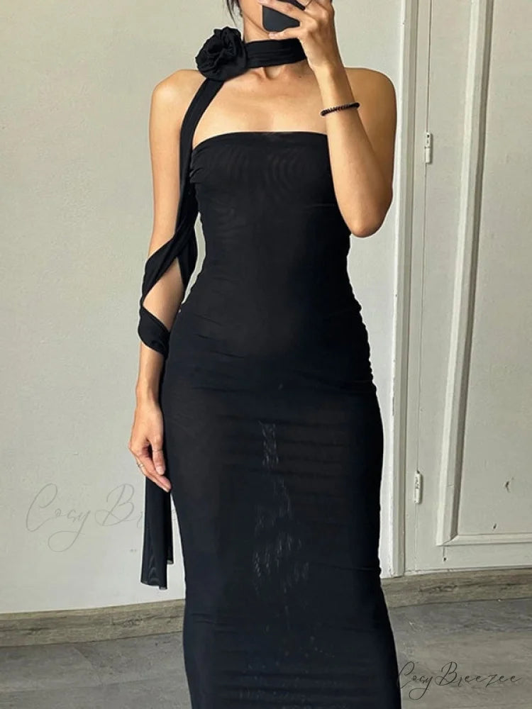 Flounce Spaghetti Strap Trendy Loose Denim Dresses Black / S