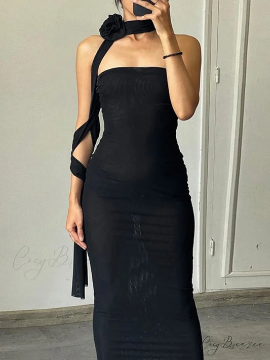 Flounce Spaghetti Strap Trendy Loose Denim Dresses Black / S