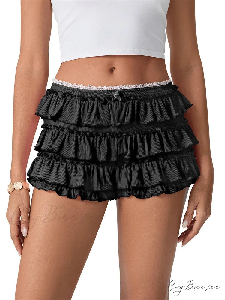 Flounce Stacked Lacy Bloomers Short black / S short-250223