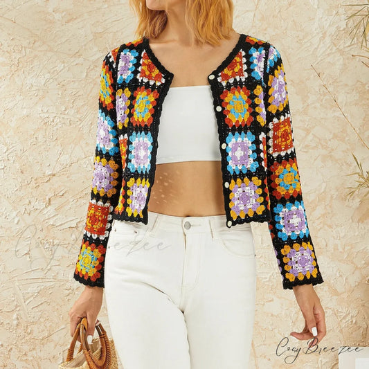 Flower Button-Down Bohemian Long Sleeve Knit Cardigan Black / One Size cardiagn-250126