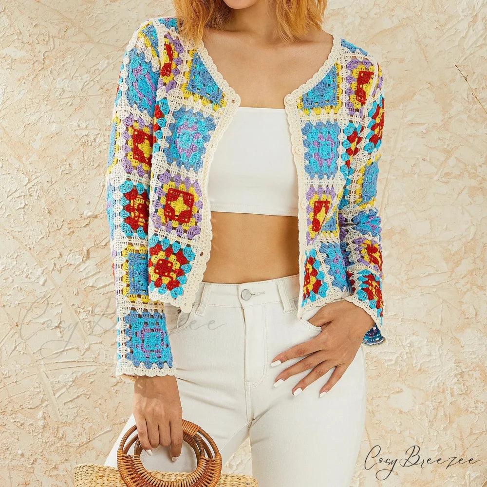 Flower Button-Down Bohemian Long Sleeve Knit Cardigan Blue / One Size cardiagn-250126