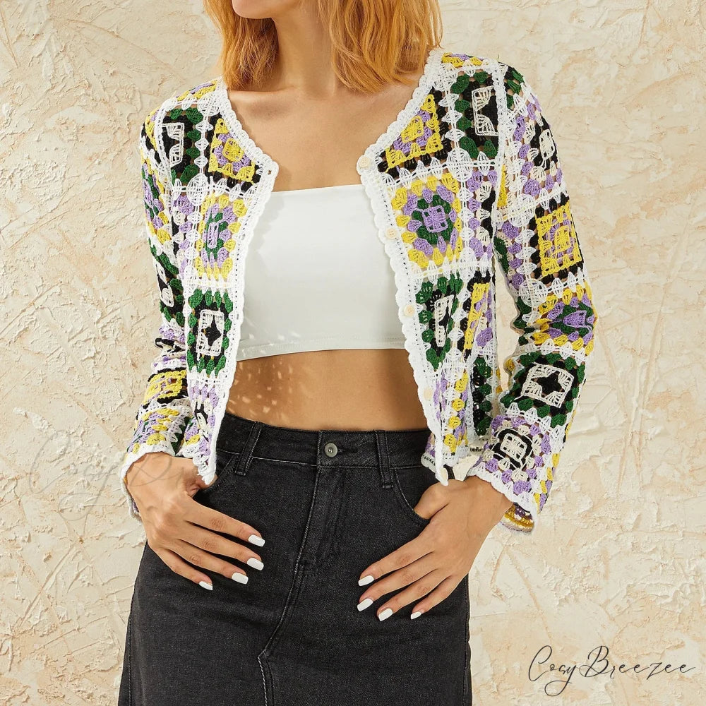 Flower Button-Down Bohemian Long Sleeve Knit Cardigan PURPLE / One Size cardiagn-250126