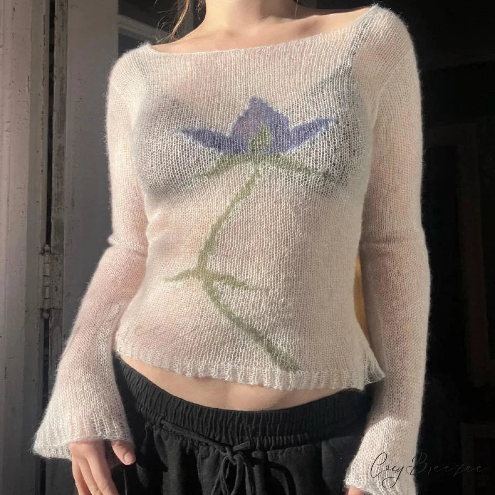 Flower Cropped Knitted See-Through Long Sleeve Crop Top knittop-250126