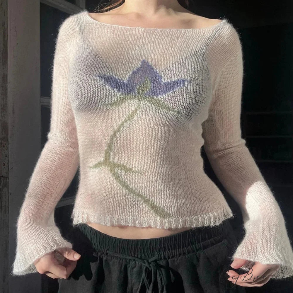 Flower Cropped Knitted See-Through Long Sleeve Crop Top knittop-250126