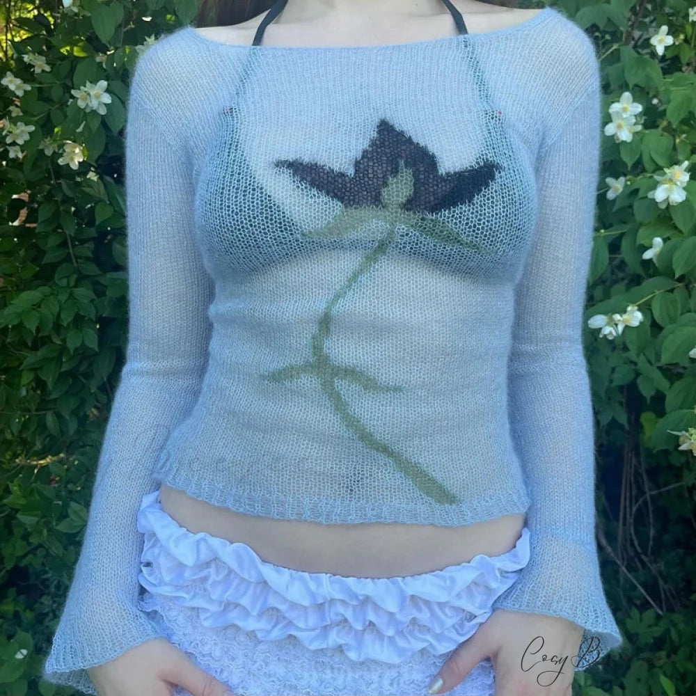 Flower Cropped Knitted See-Through Long Sleeve Crop Top knittop-250126