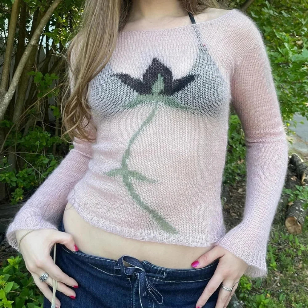 Flower Cropped Knitted See-Through Long Sleeve Crop Top knittop-250126