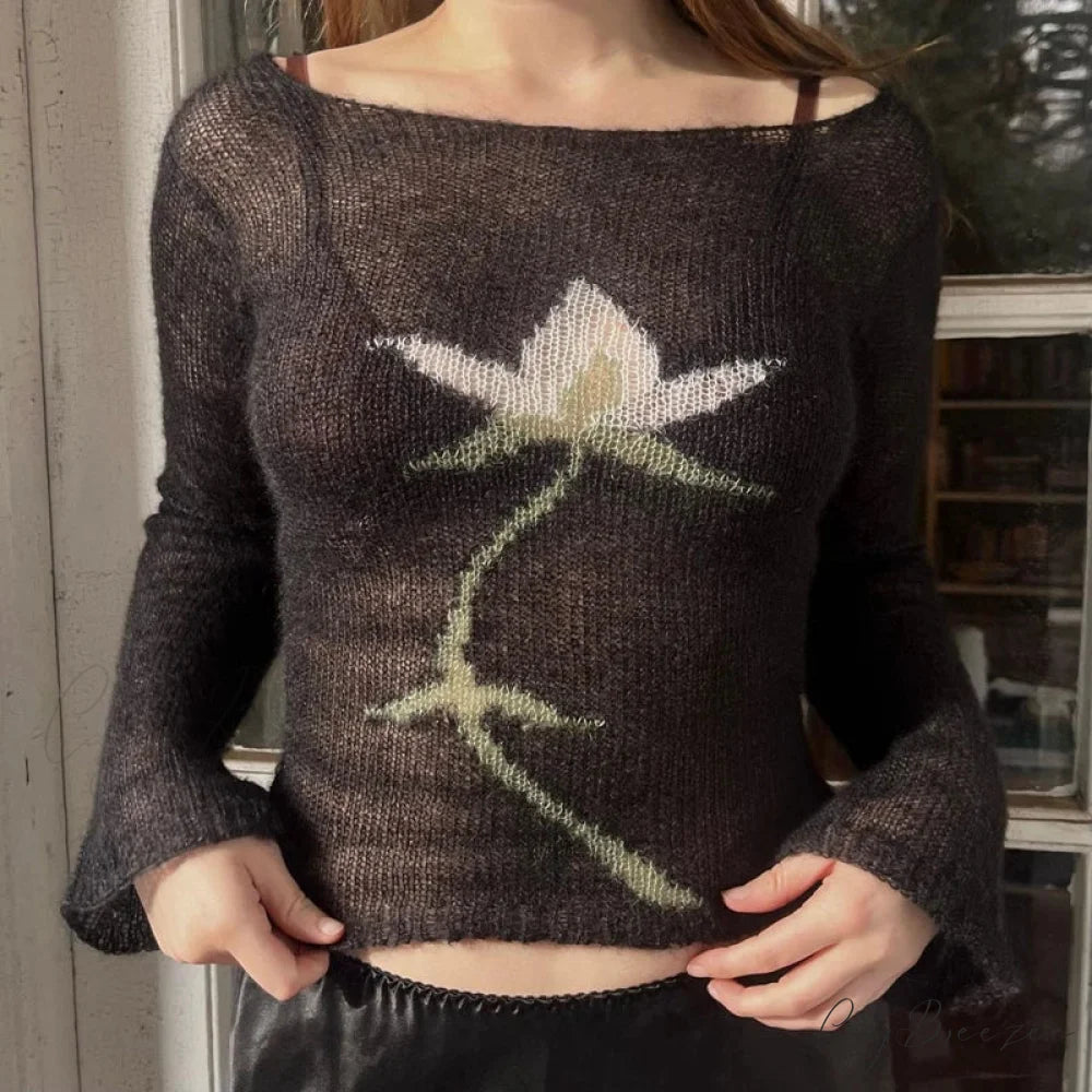 Flower Cropped Knitted See-Through Long Sleeve Crop Top Type 4 / S knittop-250126