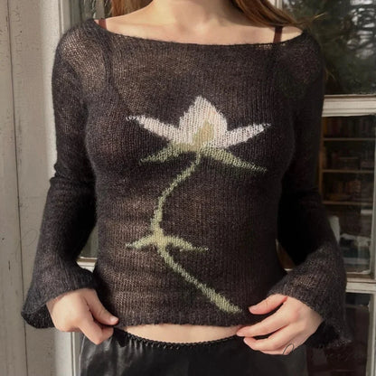 Flower Cropped Knitted See-Through Long Sleeve Crop Top Type 4 / S knittop-250126