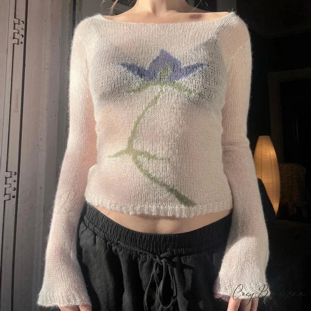 Flower Cropped Knitted See-Through Long Sleeve Crop Top WHITE1 / S knittop-250126