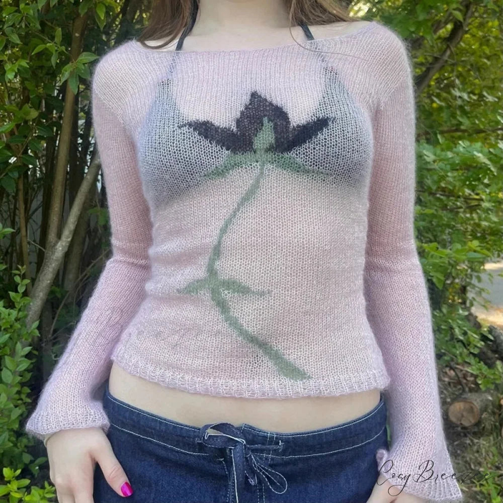 Flower Cropped Knitted See-Through Long Sleeve Crop Top WHITE3 / S knittop-250126