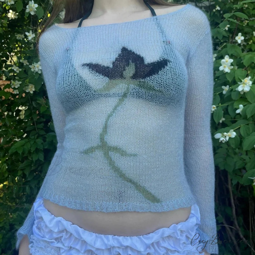 Flower Cropped Knitted See-Through Long Sleeve Crop Top WHITE4 / S knittop-250126