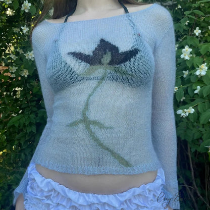 Flower Cropped Knitted See-Through Long Sleeve Crop Top WHITE4 / S knittop-250126