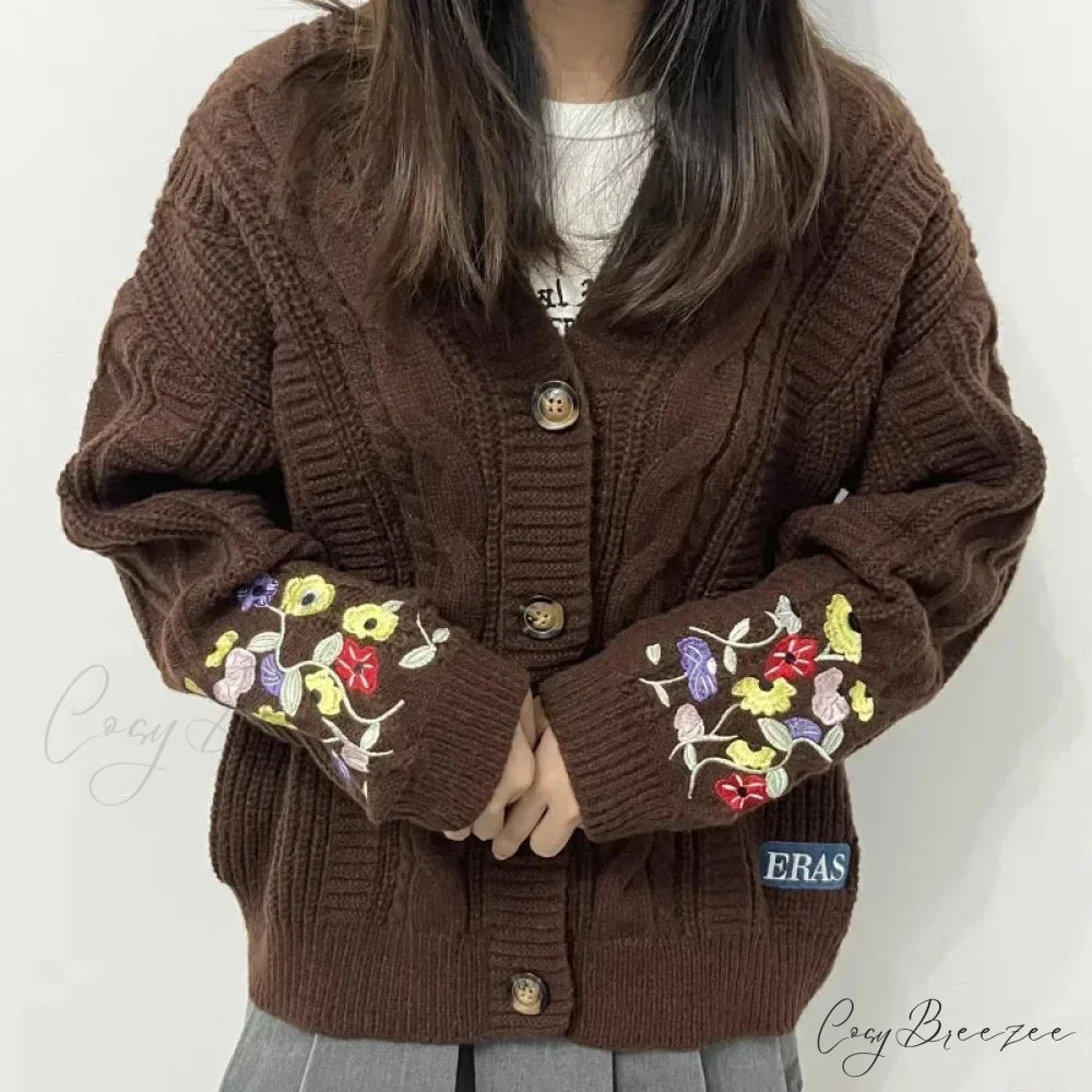 Flower Embroidered Y2K Cardigan brown / S cardigans-241228
