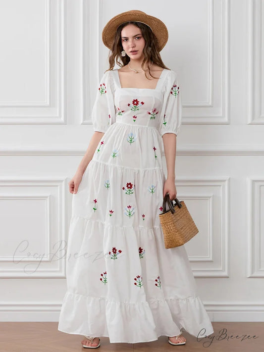 Flower Embroidery Flowy Ruched A-Line Dress floraldress-250126