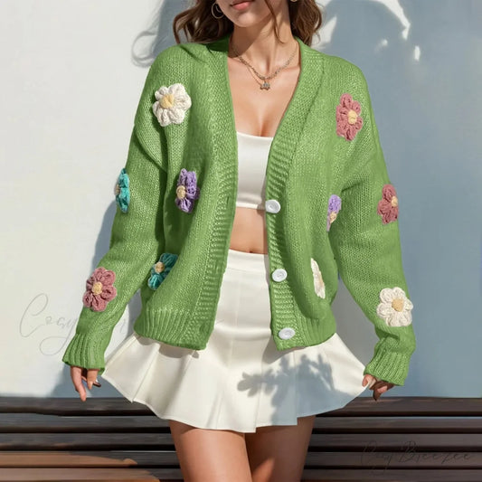 Flower Open Front Button-Down Loose Cropped Knit Cardigan Green / S cardiagn-250126