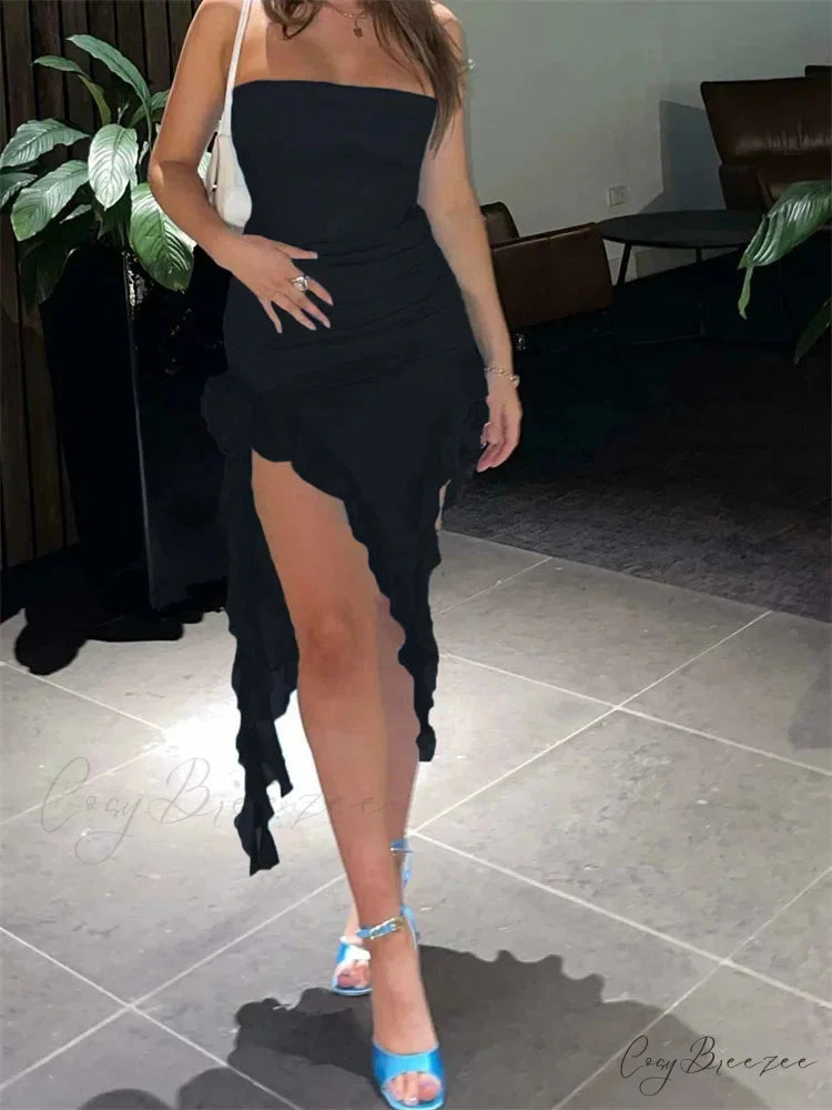 Flower Patchwork Strapless Off Shoulder Ruffle Tassels Vestidos Mini Dress Black / S