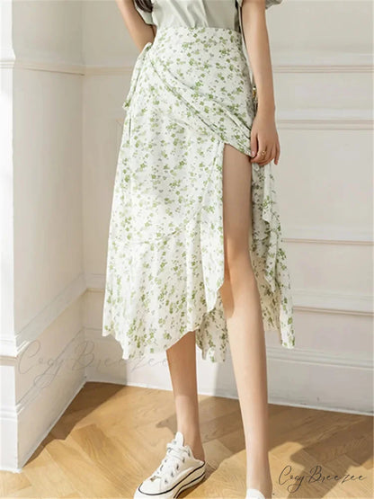 Flower Print A-Line Bohemia Retro Skirt Summer Spring Begonia Green / One Size skirt-250126