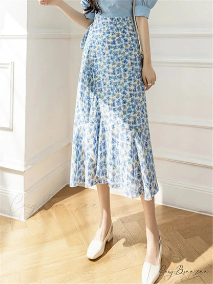Flower Print A-Line Bohemia Retro Skirt Summer Spring Butterfly Blue / One Size skirt-250126