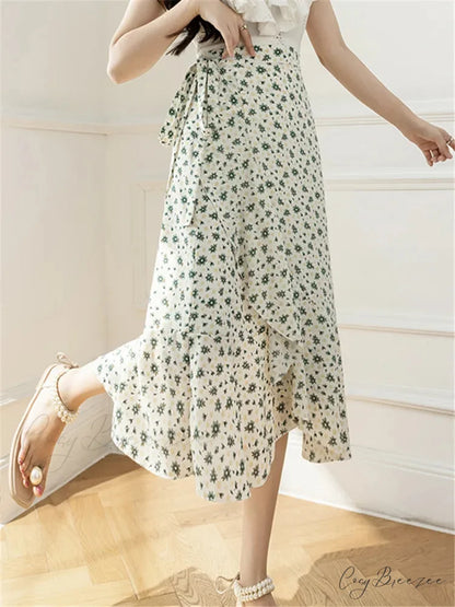 Flower Print A-Line Bohemia Retro Skirt Summer Spring Campanulaceae Green / One Size skirt-250126
