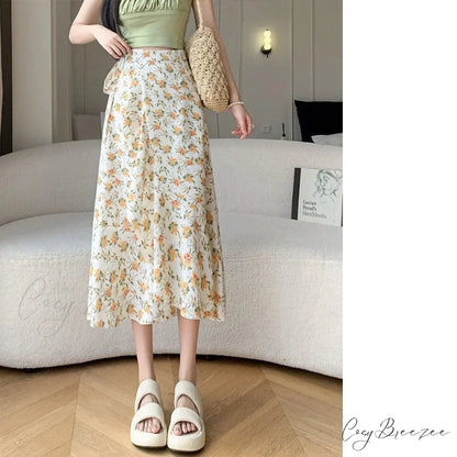 Flower Print A-Line Bohemia Retro Skirt Summer Spring doukou-yellow / One Size skirt-250126