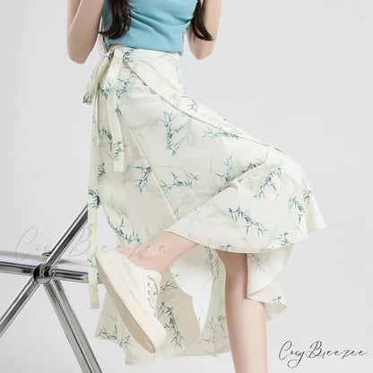 Flower Print A-Line Bohemia Retro Skirt Summer Spring leaf-white / One Size skirt-250126