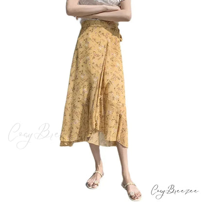 Flower Print A-Line Bohemia Retro Skirt Summer Spring yellow-shuixian / One Size skirt-250126