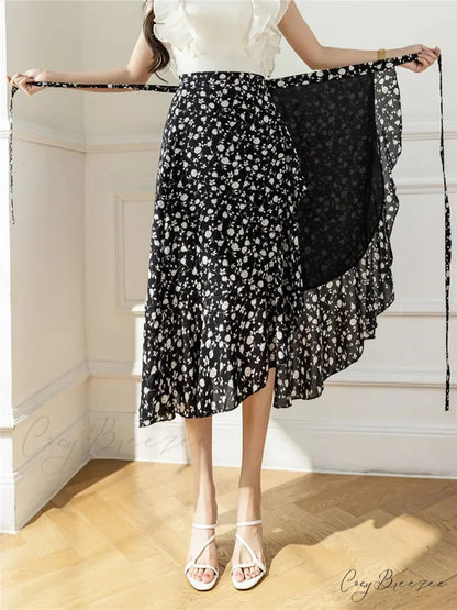 Flower Print A-Line Bohemia Retro Skirt Summer Spring Yuanshan Black Tea / One Size skirt-250126