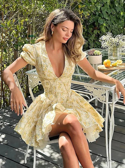 Flower Print Deep V-Neck Mini Dress minidress-250223