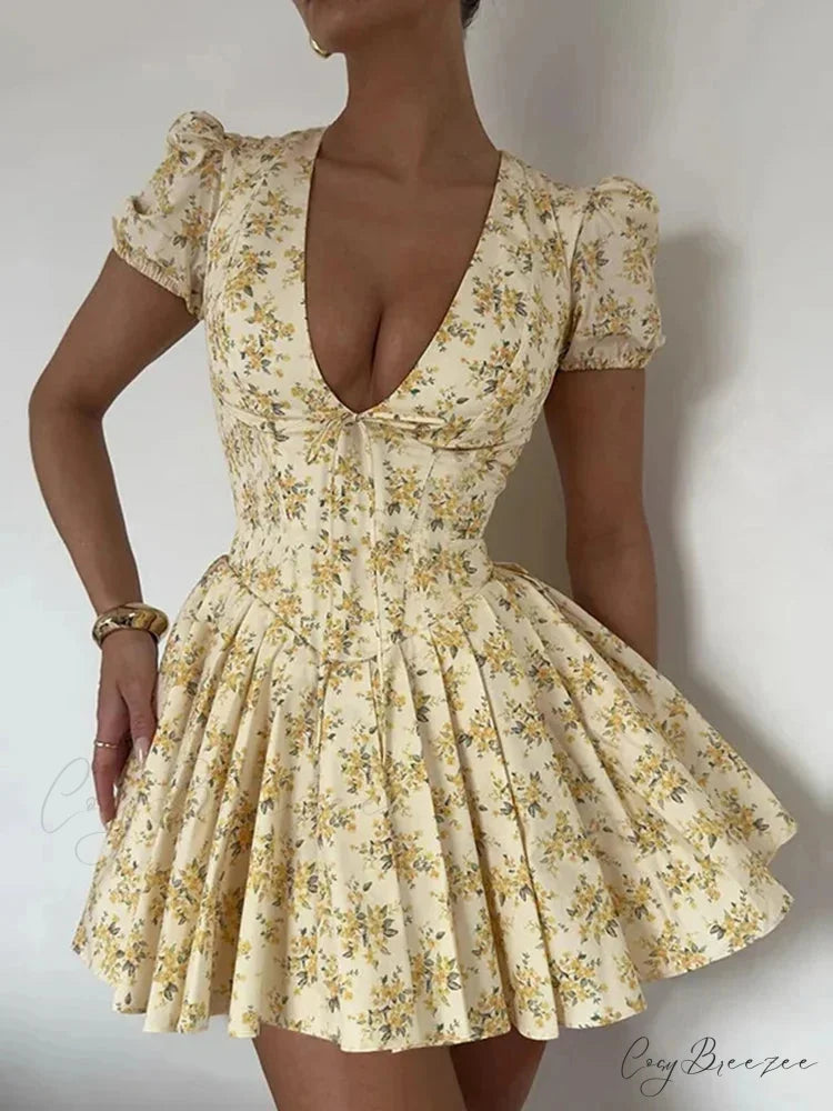 Flower Print Deep V-Neck Mini Dress minidress-250223