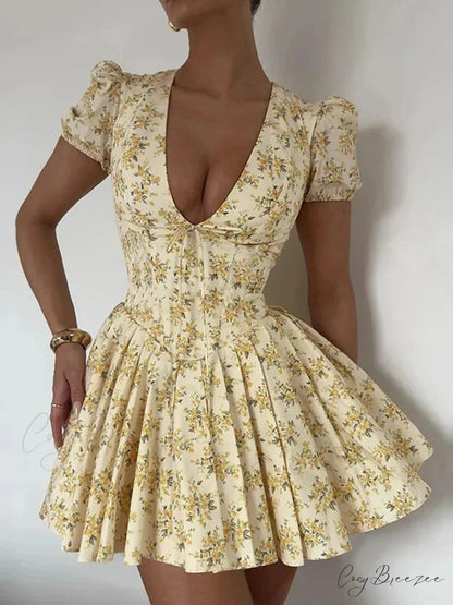 Flower Print Deep V-Neck Mini Dress minidress-250223