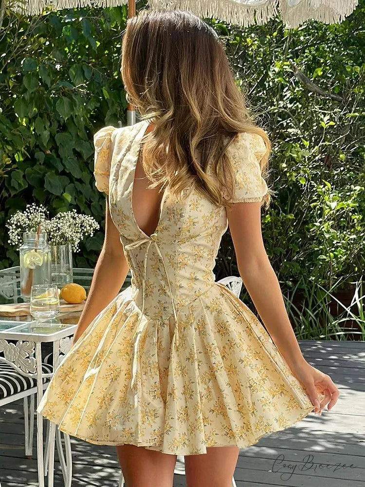 Flower Print Deep V-Neck Mini Dress Yellow / S minidress-250223