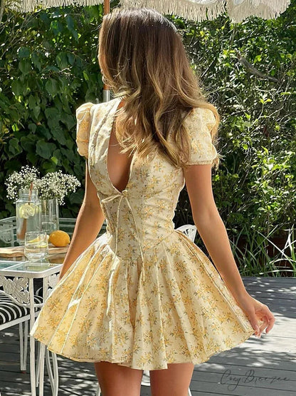 Flower Print Deep V-Neck Mini Dress Yellow / S minidress-250223