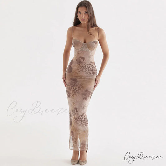 Flower Print Lace Trim Spaghetti Classic Strap Bodycon Midi Dress - Pink S / Brown